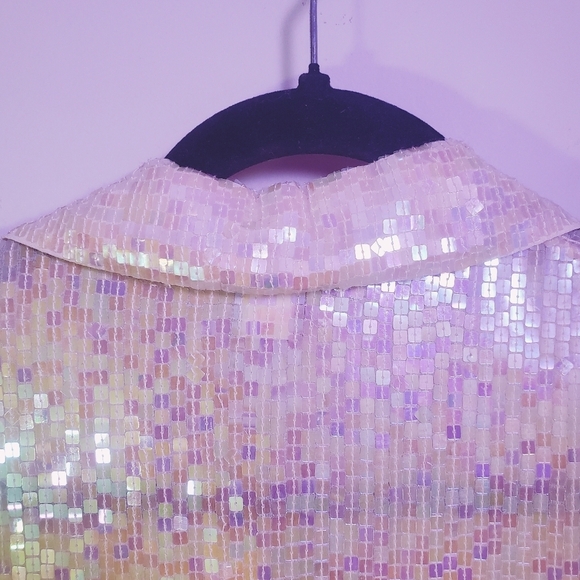 100% SILK SQUARE SEQUIN IRIDESCENT BLOUSE Button Down with Shirt Collar Medium - Picture 9 of 13
